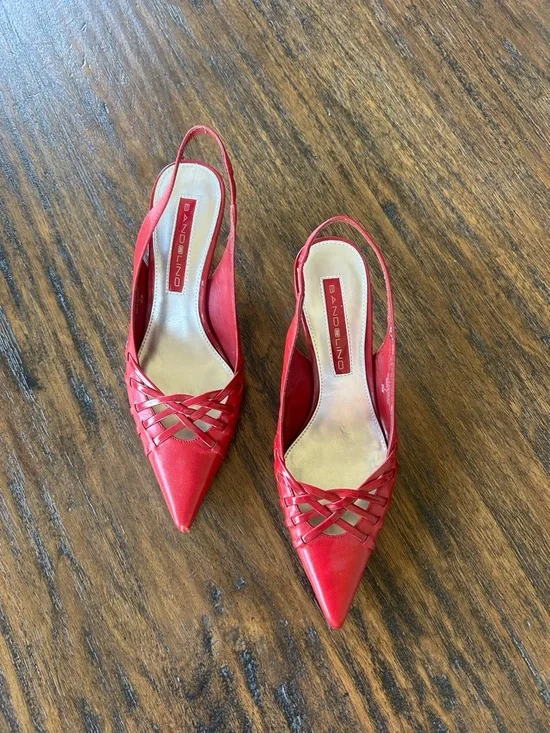 Bandolino VTG Y2K Red Leather Slingback Crossover Coquette Kitten Heels 5.5 - Picture 3 of 8